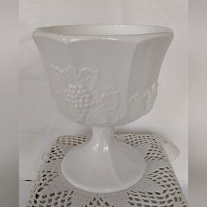 Vtg White Milk Glass Grape Vine Pedestal Compote